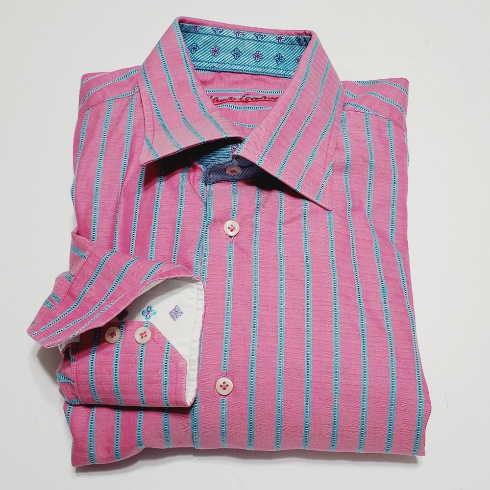 Robert Graham Pink Stripe  Men's Casual Long Sleeve Shirt Large 16.5" Cotton